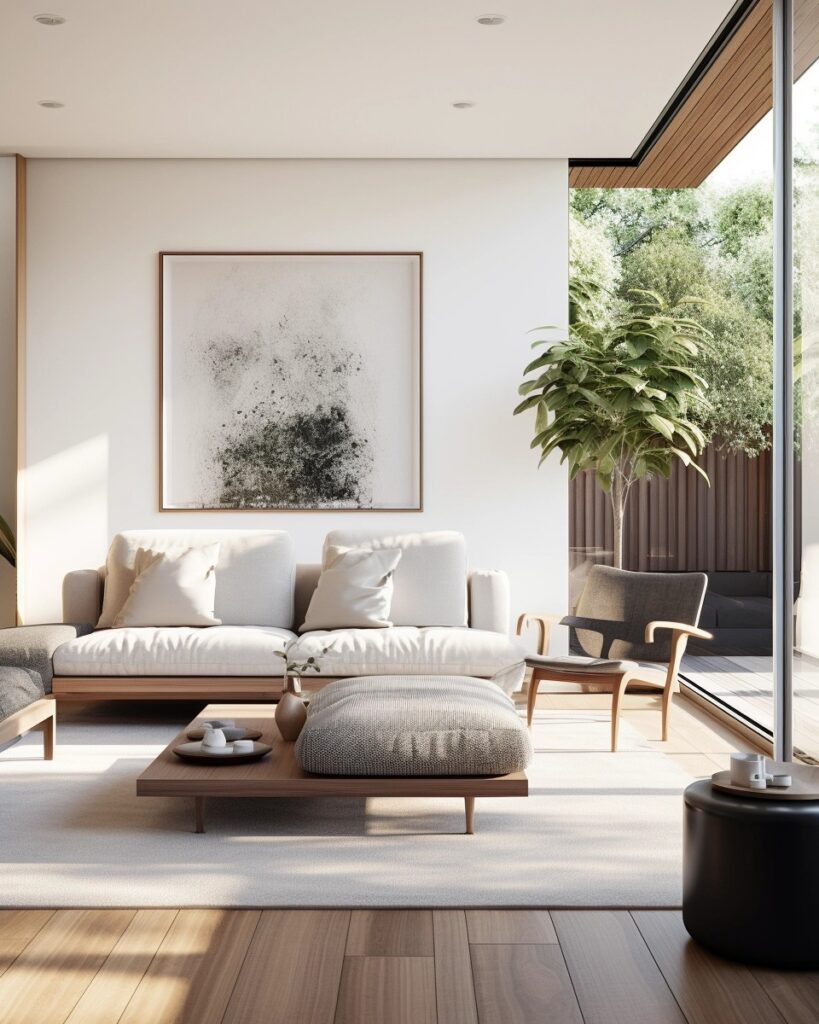 A photo illustrating a living room arranged to emphasize the connection to the outdoors, with seating facing large windows or glass doors that open up to a garden or patio.