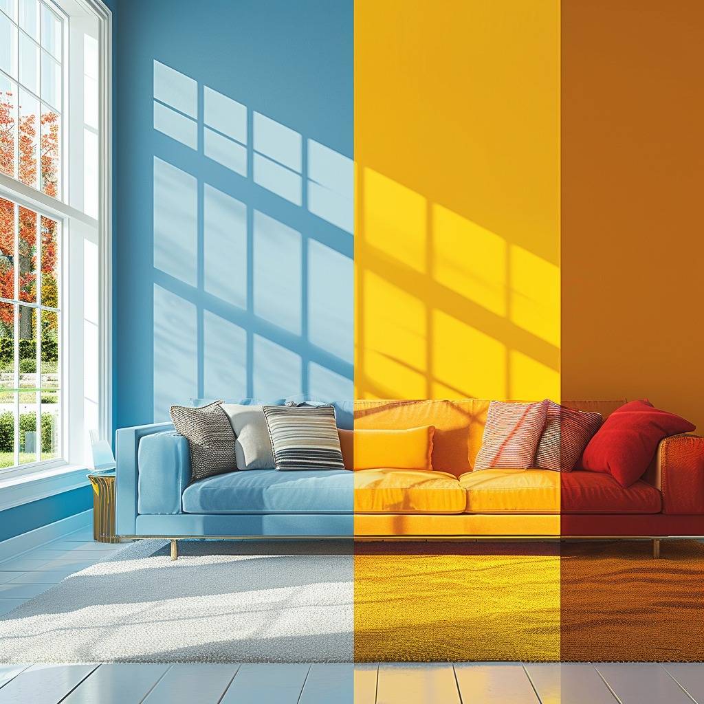 A photo or graphic comparing different paint finishes (matte, eggshell, glossy) on bright colors, showing how each finish affects the appearance of the color.