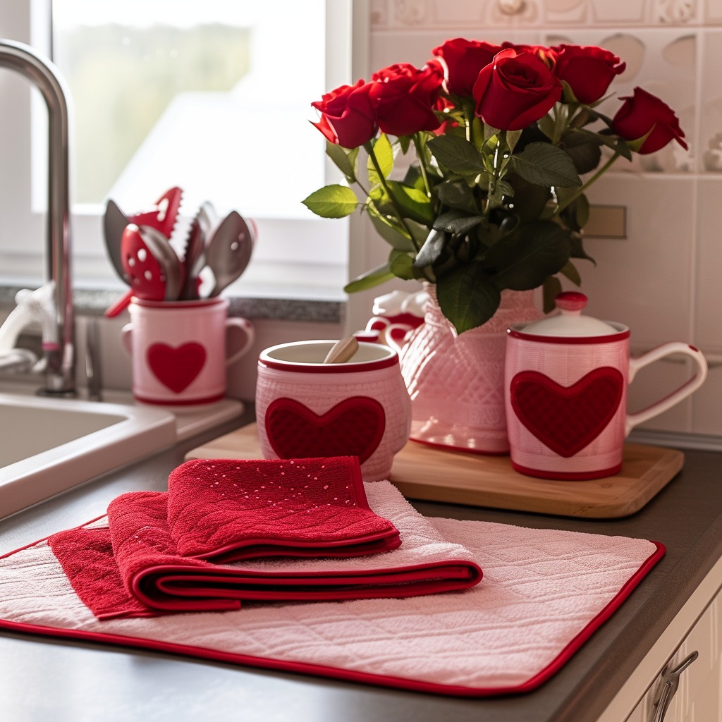 A photo of a kitchen decorated with red and pink accents, such as kitchen towels, pot holders, and a vase of fresh roses on the countertop, embodying a warm and romantic atmosphere.