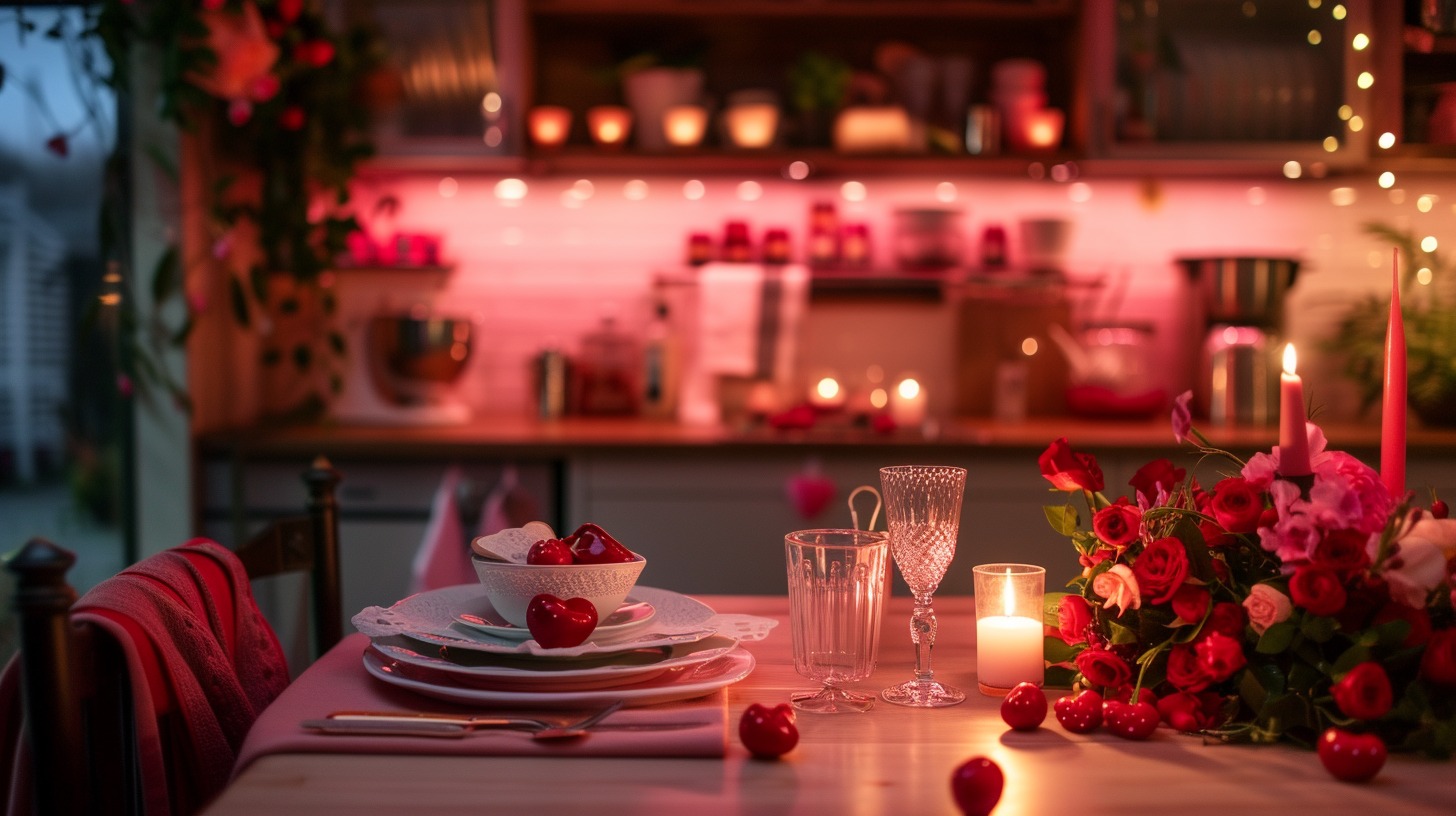 An image showcasing a kitchen transformed for Valentine's Day, featuring a blend of the article's key decorating ideas.