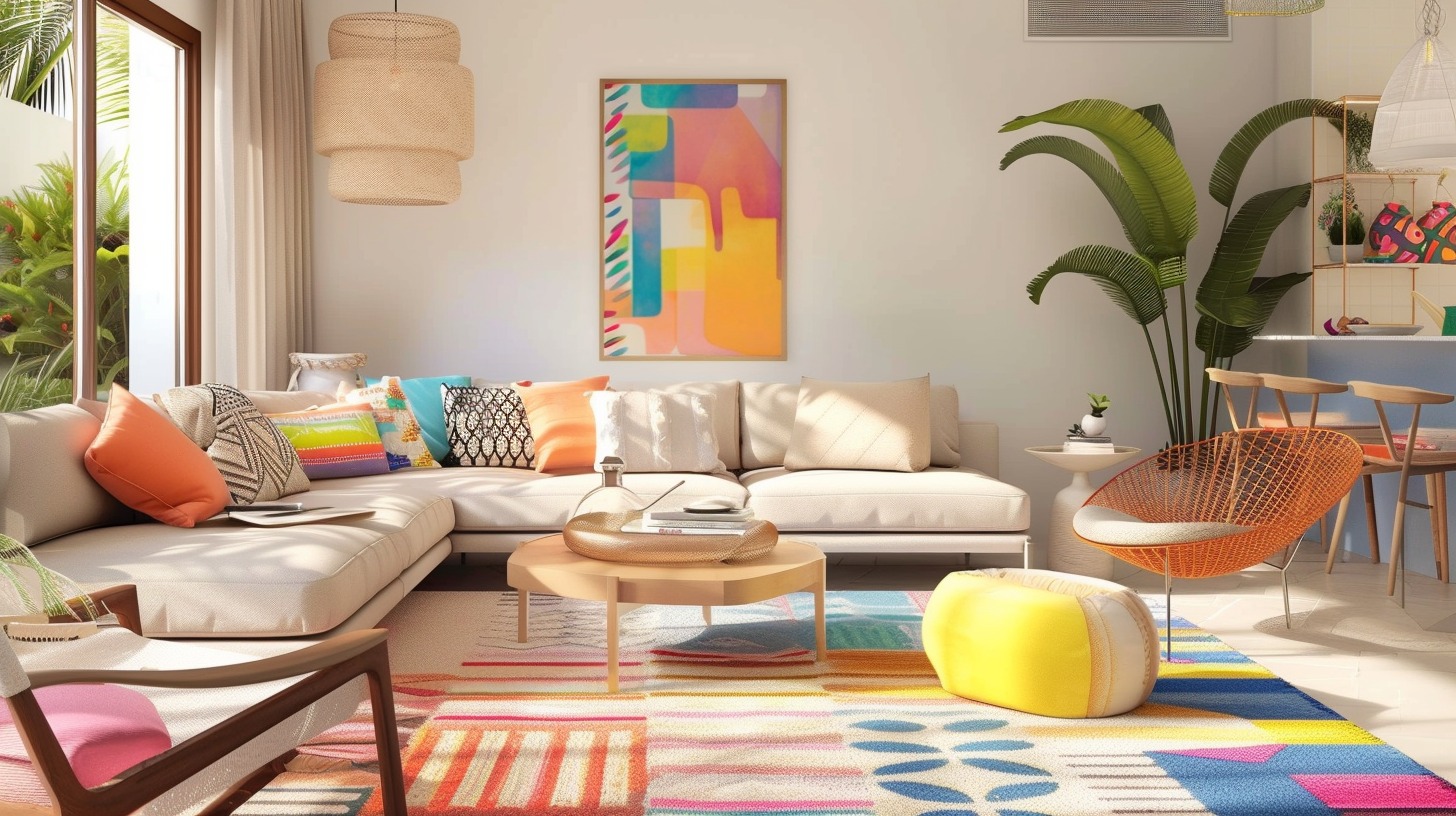 An image showcasing an overall view of a living room that masterfully combines a neutral foundation with vibrant color splashes.