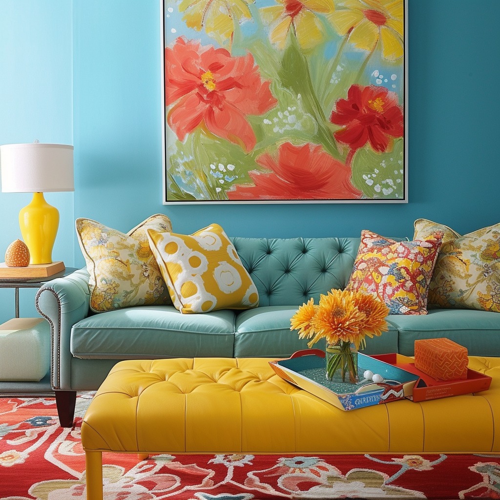 A photo showcasing a living room adorned with vibrant hues such as turquoise, sunny yellow, or coral, perfectly capturing the essence of summer through color.