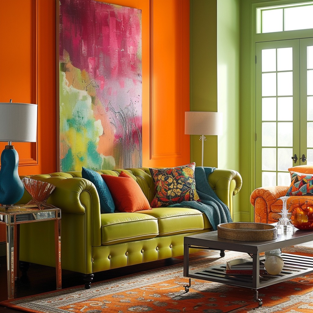  A photo of a living room that demonstrates a balanced use of bright colors against a neutral background, showcasing how to effectively limit the color palette for harmony.