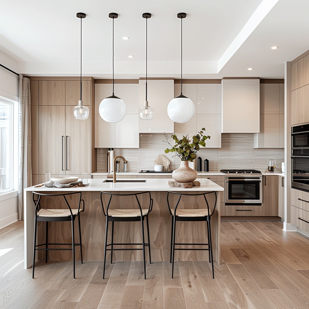 A photo showcasing a modern kitchen with light wood or painted cabinets, emphasizing the contrast to dark, heavy cabinetry and illustrating the bright, open feel they provide.