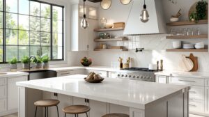 n image showcasing a beautifully renovated kitchen that epitomizes modern design trends, featuring elements such as light-colored cabinets, sleek quartz countertops, open shelving, and minimalist hardware.
