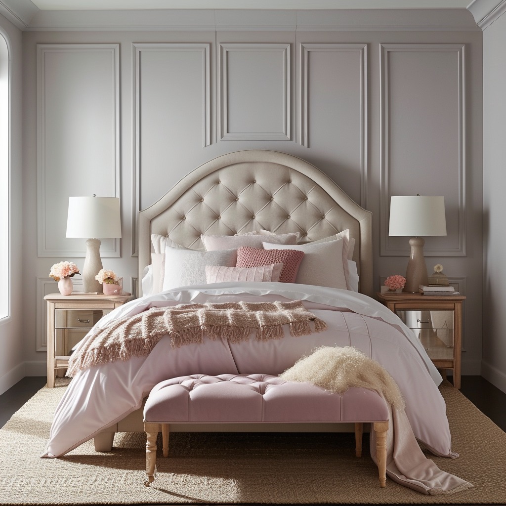 A photo of a serene bedroom showcasing a soft color palette with pastel or neutral tones, accented by a bold color throw or cushion, illustrating the perfect blend of calm and vibrancy.