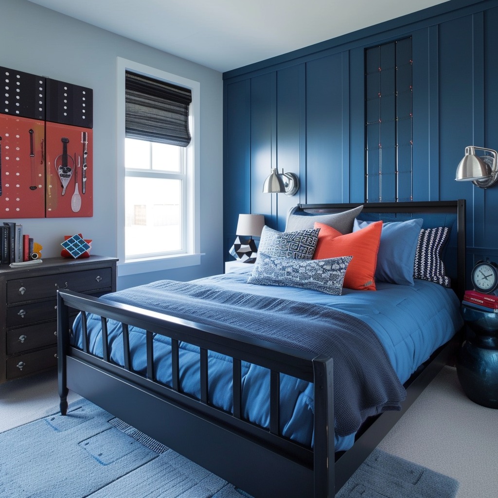 A photo of a teen boy's bedroom with walls painted in deep blues or graphite, accented with vibrant colors through accessories or bedding, demonstrating a dynamic and youthful space.