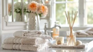 An image showcasing an elegantly designed bathroom that is both clean and inviting, featuring visible aromatic accents such as a reed diffuser, a small vase with fresh flowers, and a beautifully arranged set of plush towels.