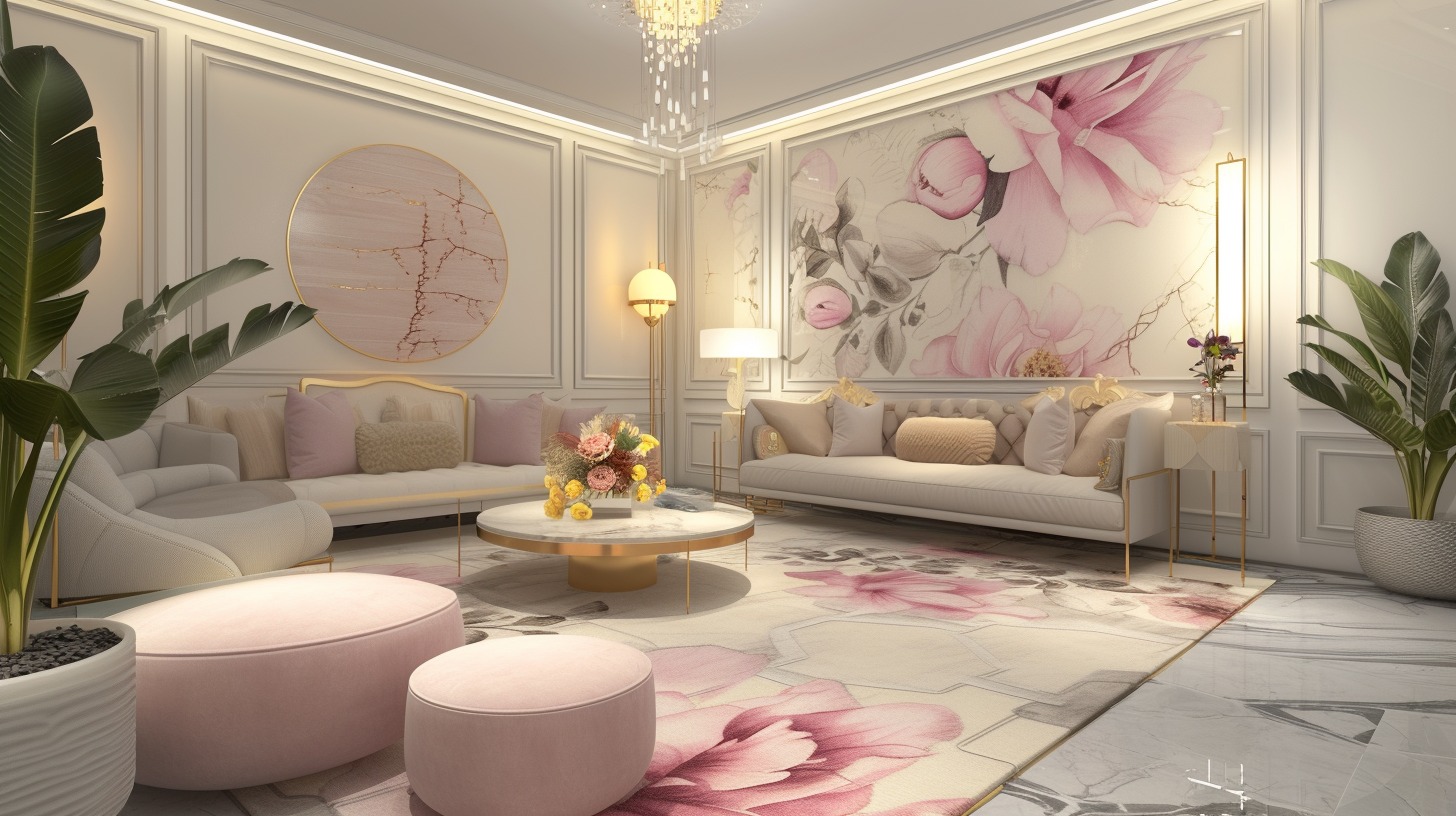 An image showcasing an overall view of an elegant living space that embodies chic girly home decor ideas.
