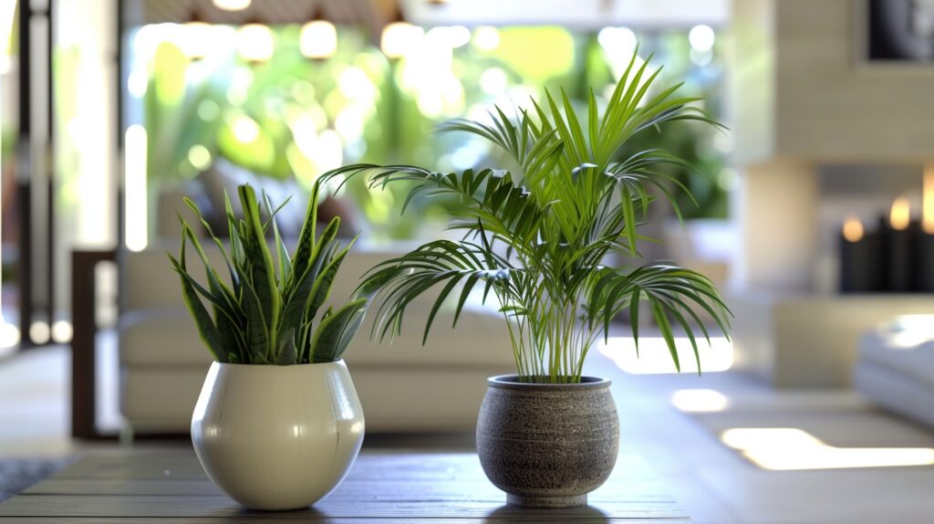 An image showcasing a collection of the top air purifying plants, including a Spider Plant, Peace Lily, and Bamboo Palm, arranged tastefully in a modern, well-lit living space.