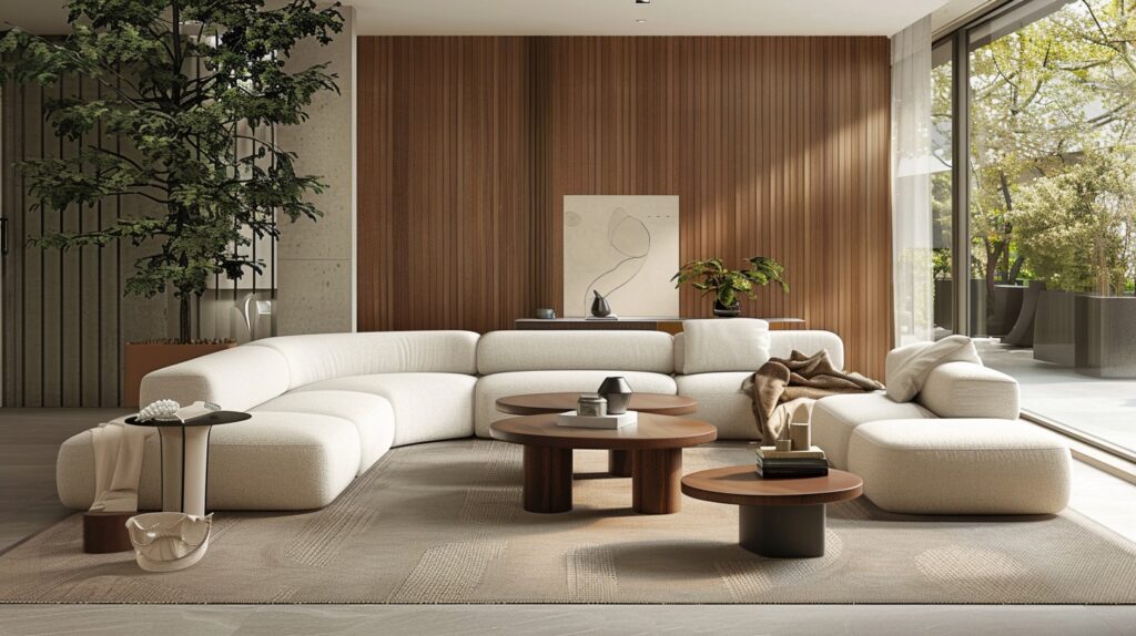 An image showcasing an overview of an elegant minimalist living room that combines all the key elements discussed in the article