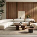 An image showcasing an overview of an elegant minimalist living room that combines all the key elements discussed in the article