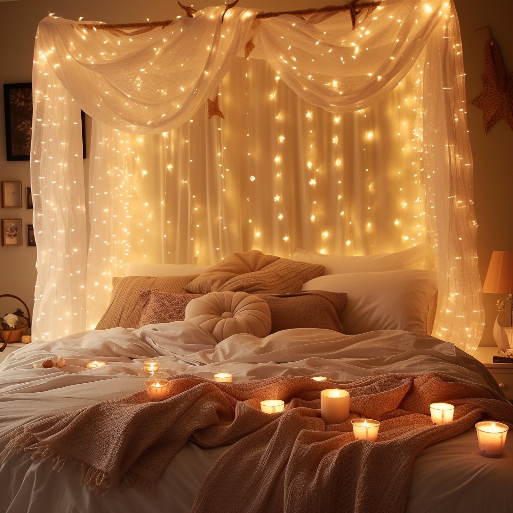 An image showcasing a bedroom softly illuminated by fairy lights draped around the headboard and scented candles, offering a magical and intimate atmosphere.
