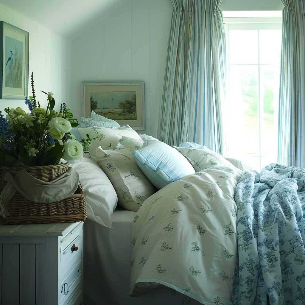 An image depicting a bedroom refreshed with lightweight and breathable summer textiles, featuring linen or cotton fabrics in floral prints or nautical stripes.