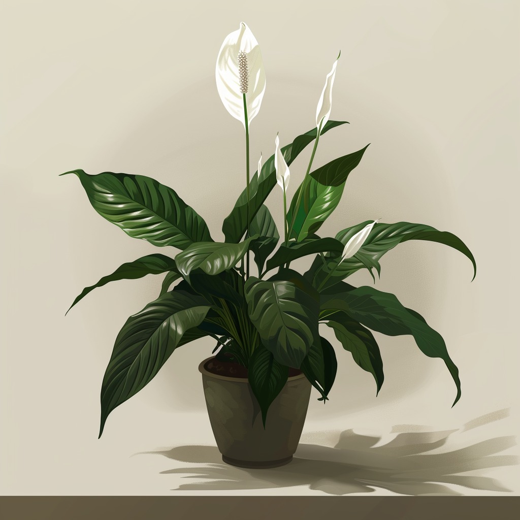  An image depicting a blooming Peace Lily plant placed in a shaded area of a bedroom or living room, highlighting its elegant white flowers and dark green leaves.