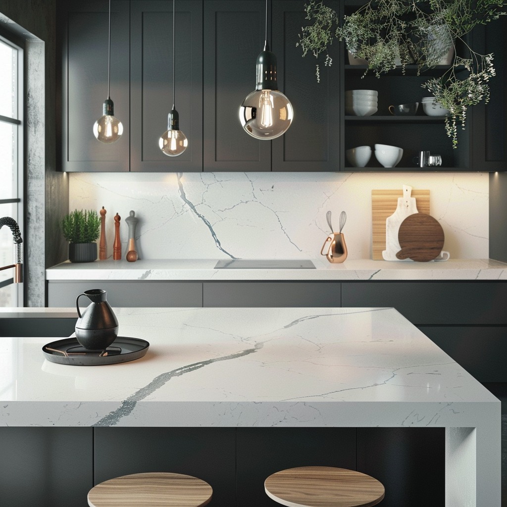 An image depicting a kitchen featuring sleek quartz countertops, highlighting the seamless and clean look compared to the grouted lines of tile countertops.
