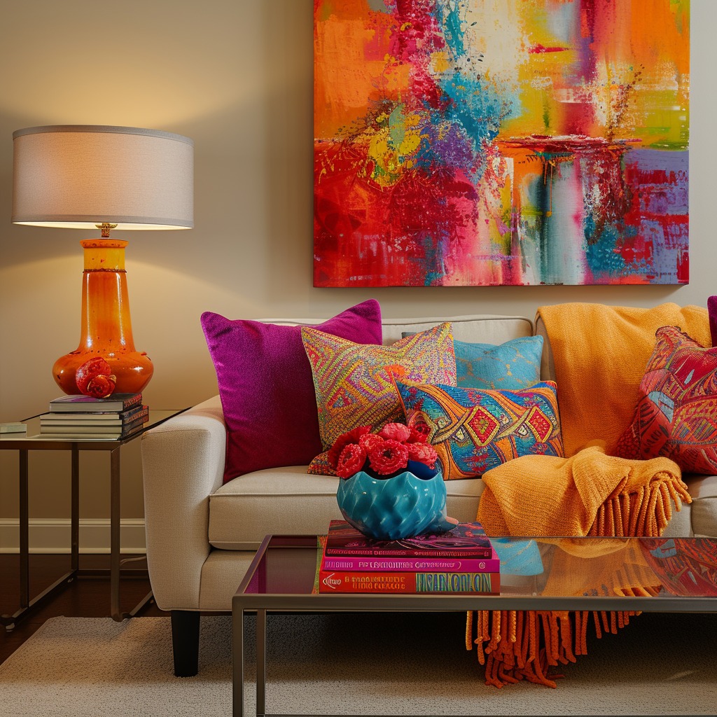 An image depicting a living room enhanced with vibrant throw pillows, blankets, and art pieces, demonstrating how accessories can inject color into the space.