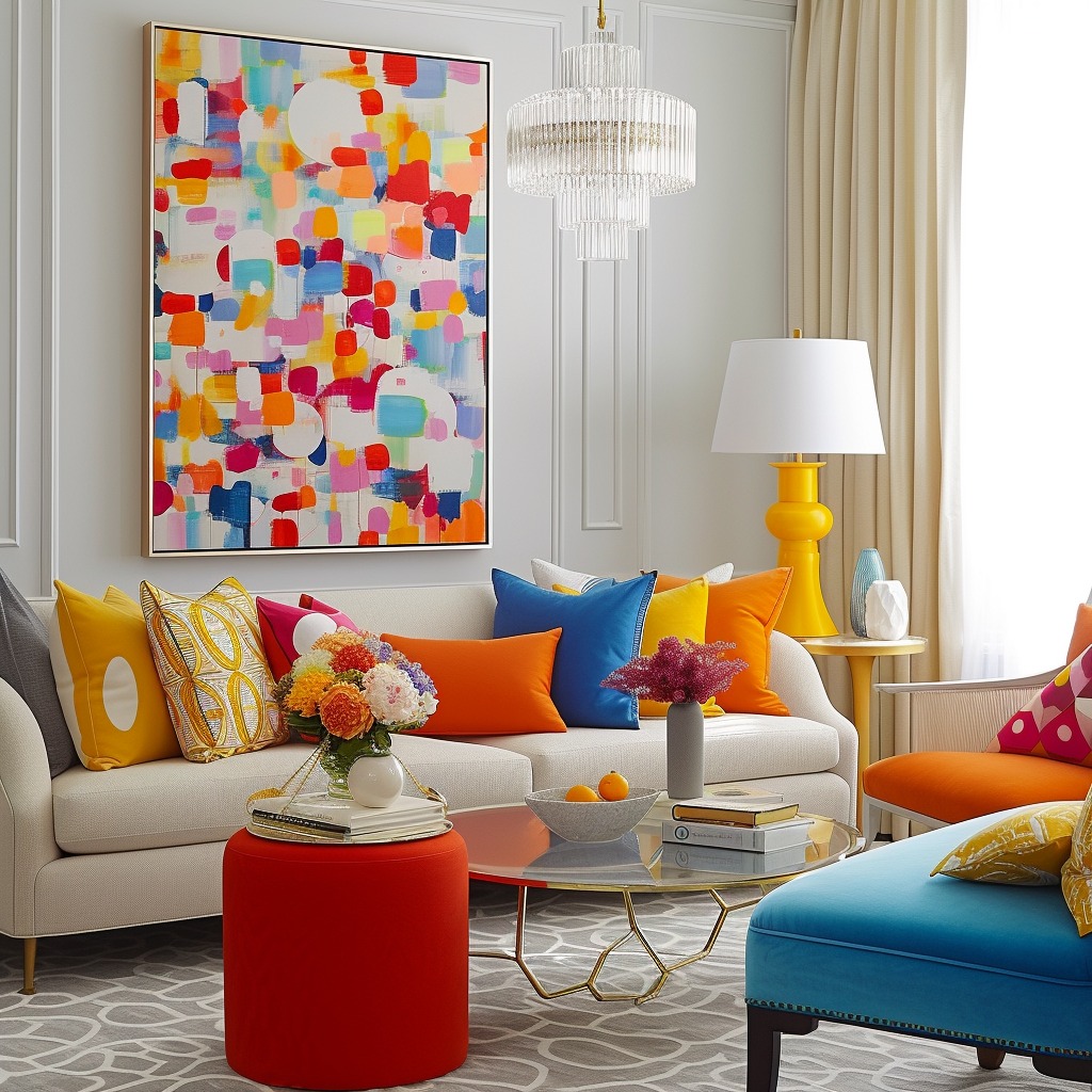 An image depicting a living room where bright colors are balanced with neutral tones, illustrating the importance of incorporating whites, grays, or other neutrals for visual breaks.