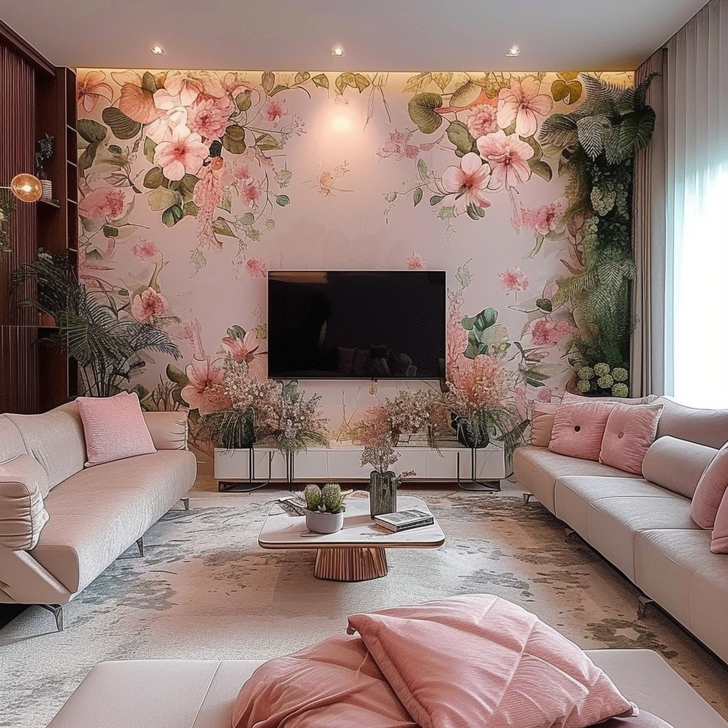 An image depicting a living room adorned with elegant floral wallpaper or botanical prints, complemented by live plants or fresh flowers, to highlight the natural beauty and femininity of the space.