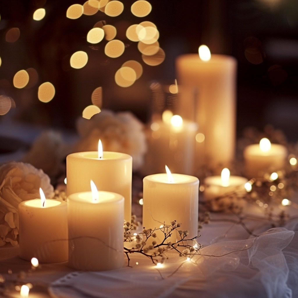 An image showcasing a romantic setting enhanced by soft candlelight, including candles of various heights and thicknesses, possibly complemented by fairy lights.