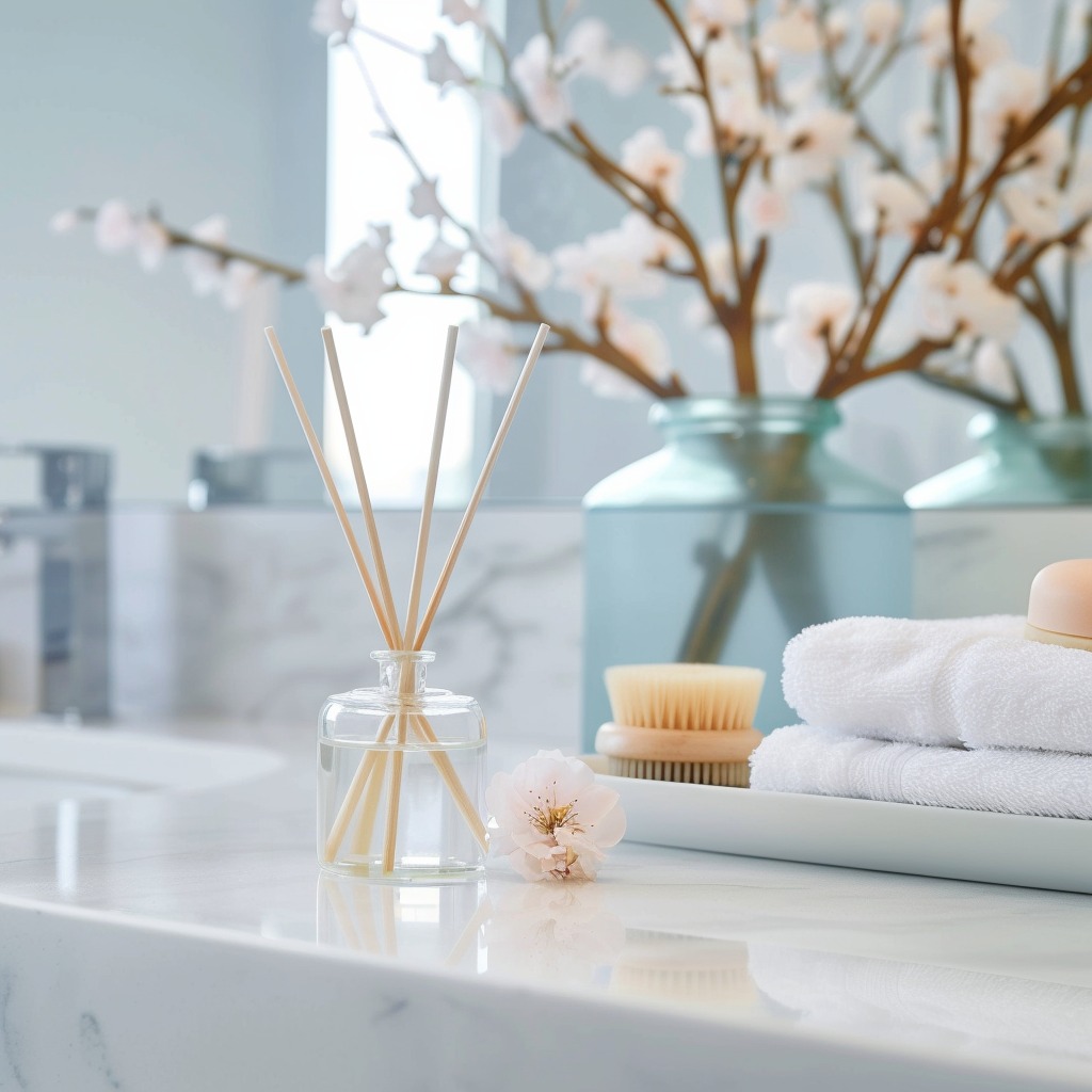 An image depicting a stylish reed diffuser on a bathroom countertop, with a subtle and elegant design, showcasing how aromatic solutions can enhance the bathroom's ambiance.