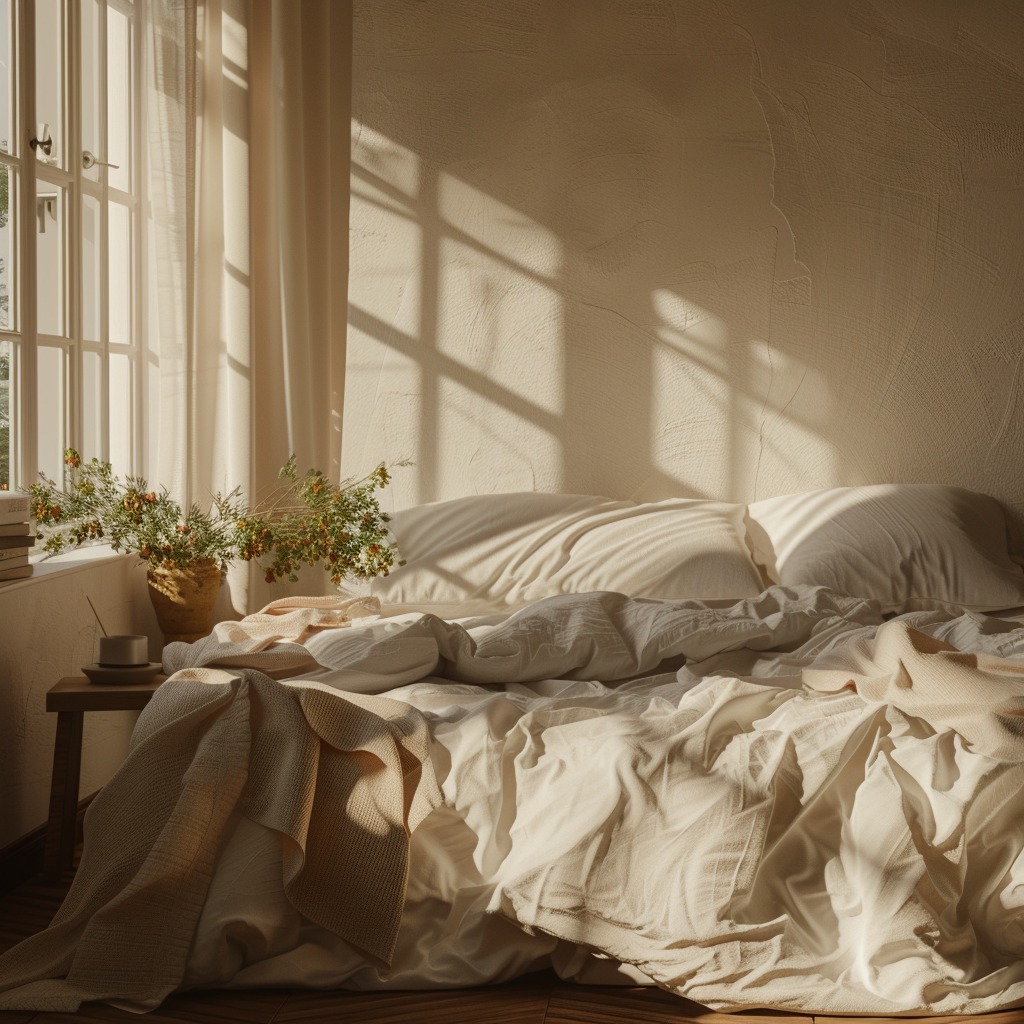 An image of a beautifully made bed in a bright room, symbolizing the productive start to a day.