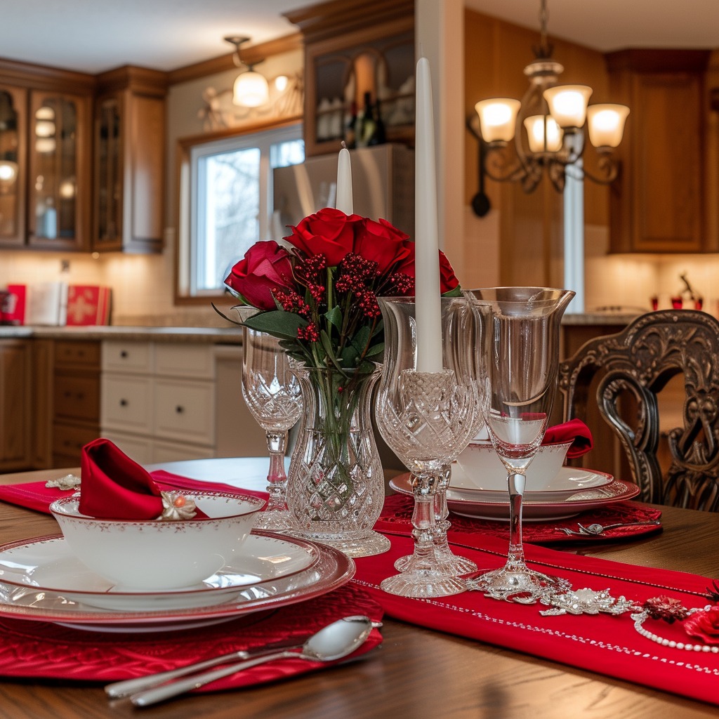An image showcasing an intimate table setting for two in the kitchen, featuring fine china, crystal glassware, a red table runner, and a candlelit centerpiece, creating an elegant dining experience.