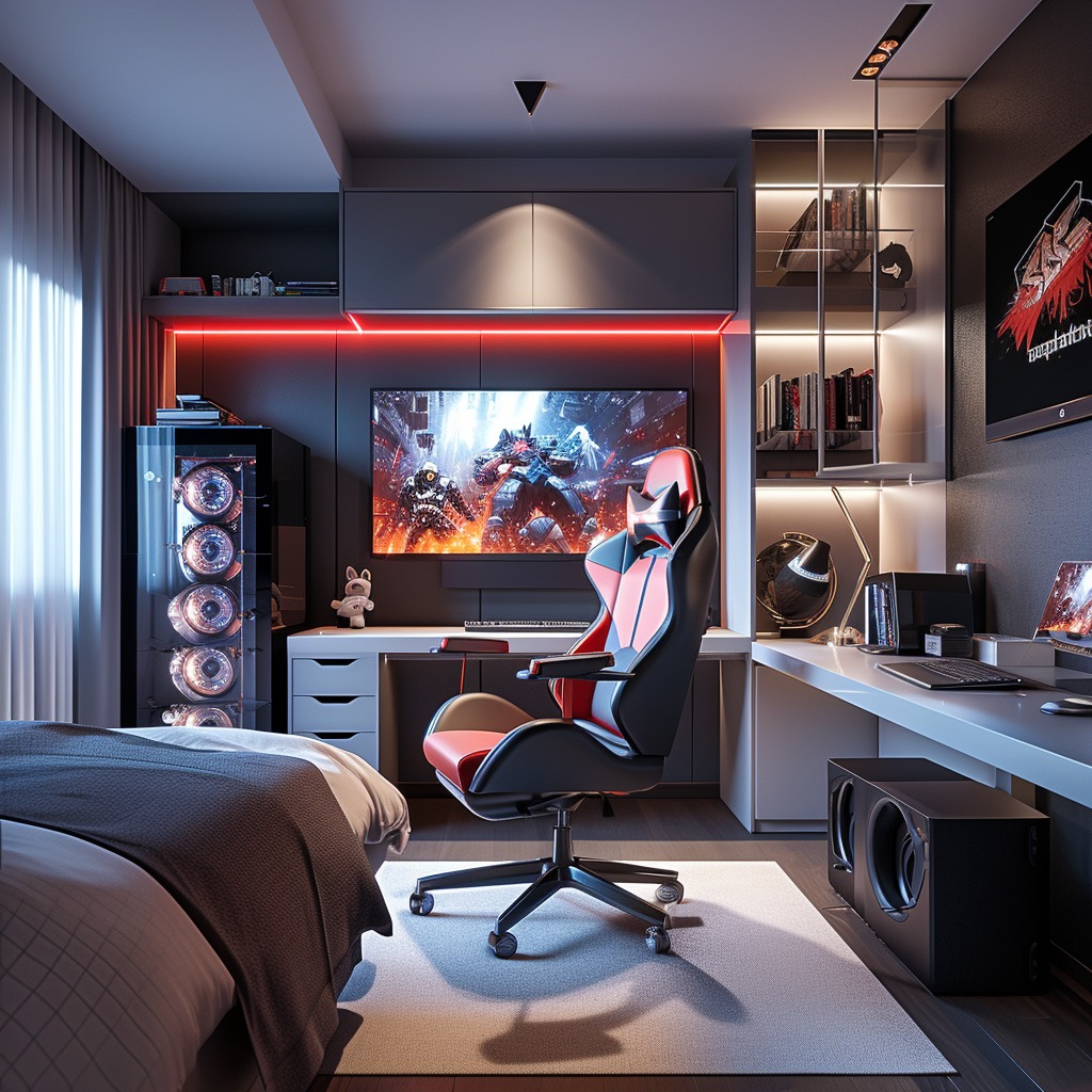 An image depicting a well-organized gaming or entertainment area within a teen boy's bedroom, featuring ergonomic seating, proper lighting, and modern tech gadgets.