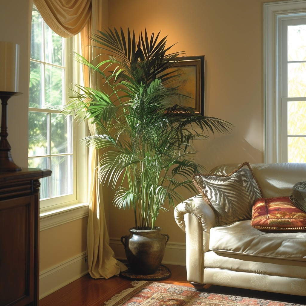 A photo showing a lush Bamboo Palm in a cozy corner of a room, adding a tropical feel and demonstrating its size and suitability for indoor air purification.