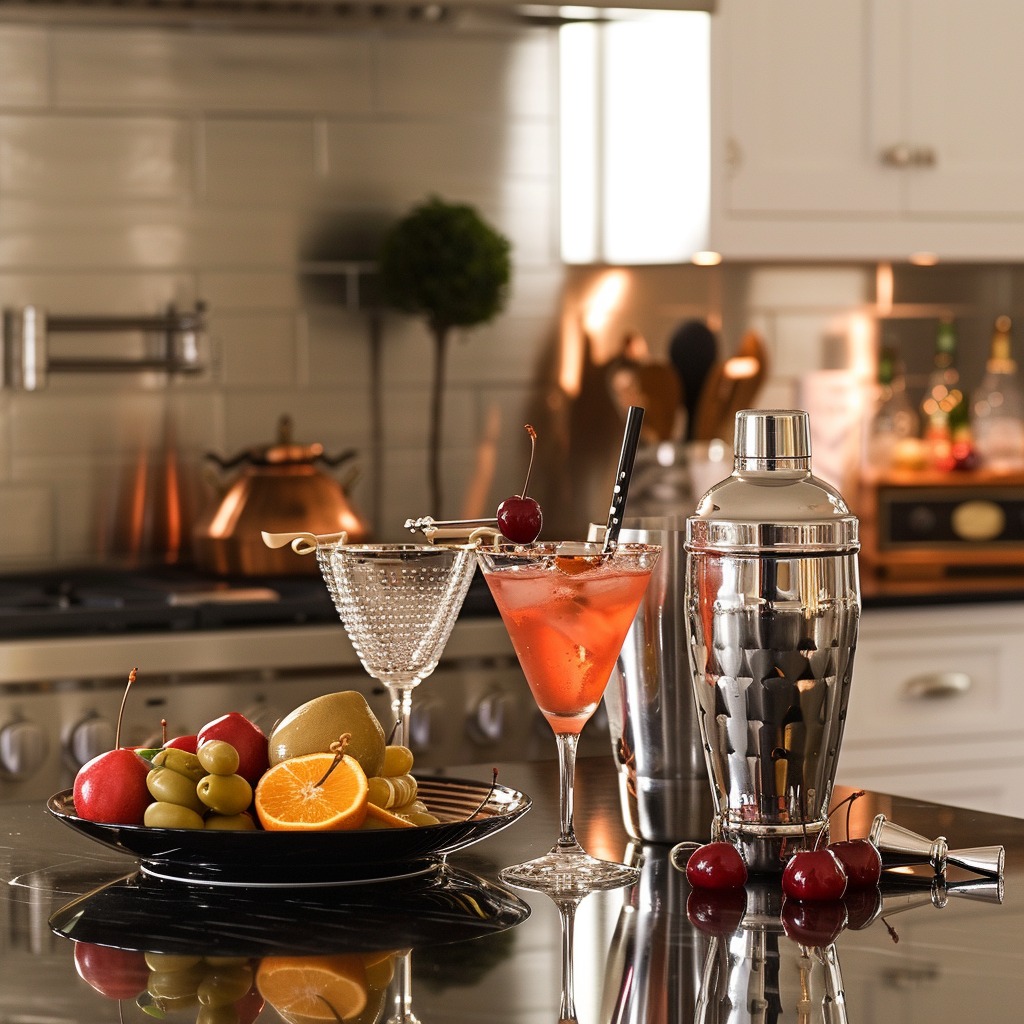 A photo depicting a DIY cocktail station set up for a good Valentine’s Day Kitchen Decorating Ideas