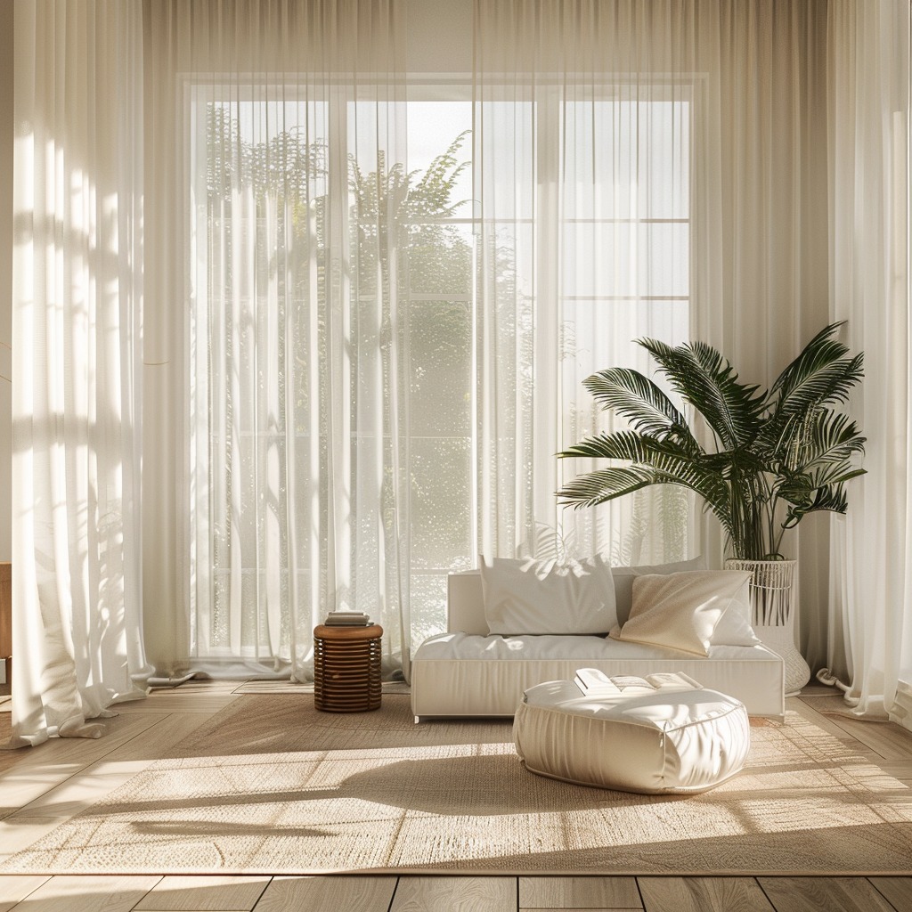 A photo showing a bright living room bathed in natural light, with sheer curtains or large, unadorned windows enhancing the sense of space.