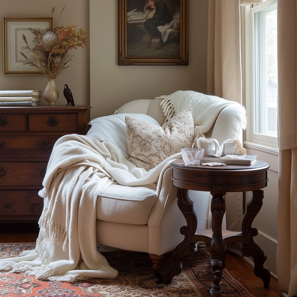 A photo depicting a cozy corner of a bedroom, equipped with a plush chair or loveseat, soft blankets, and a side table, set up as a reading nook for intimate conversations or quiet reading.