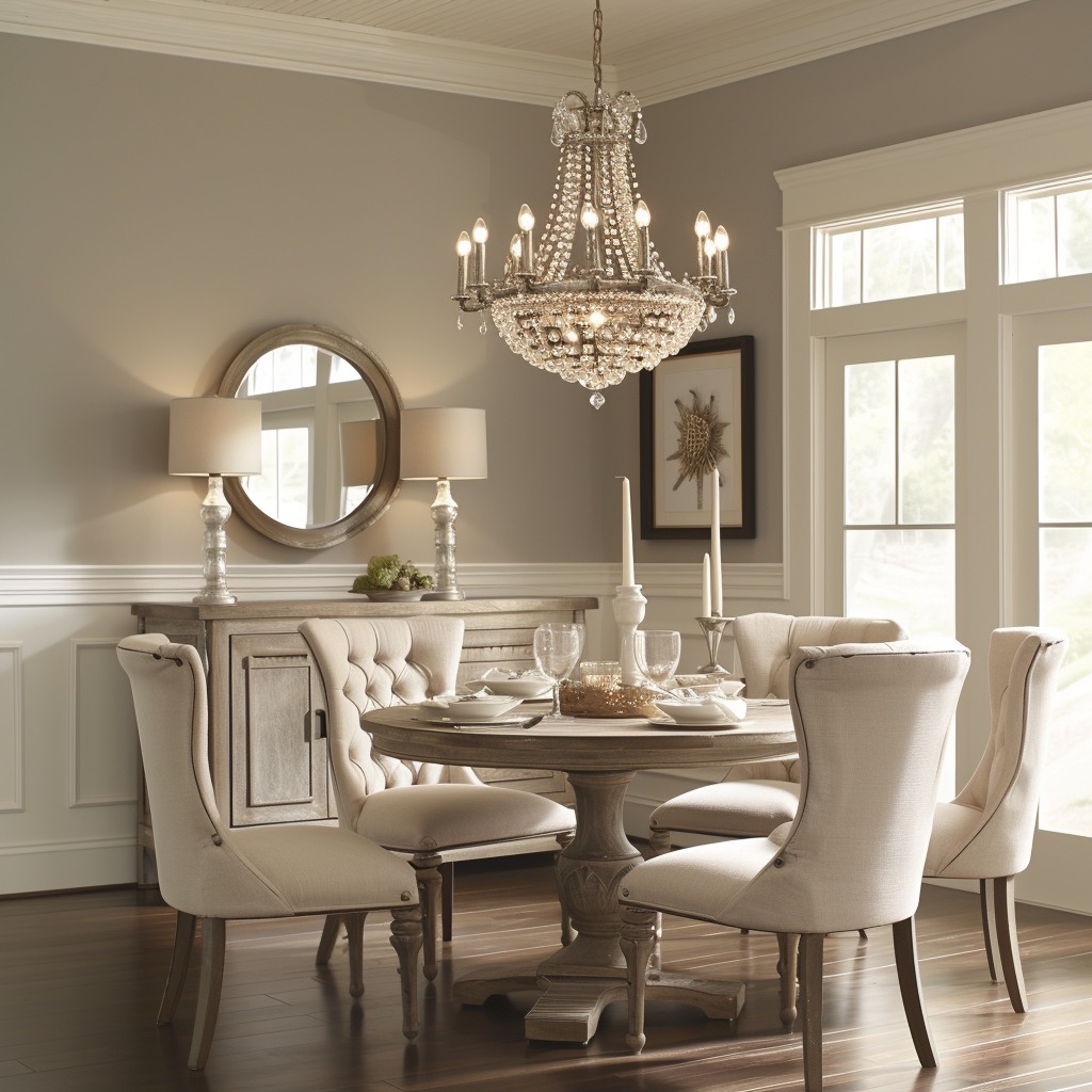 A photo showing a dining area illuminated by a statement lighting fixture, such as a chandelier with crystals or delicate metalwork, casting soft light and adding a touch of glamour to the room for Girly Home Decor Ideas