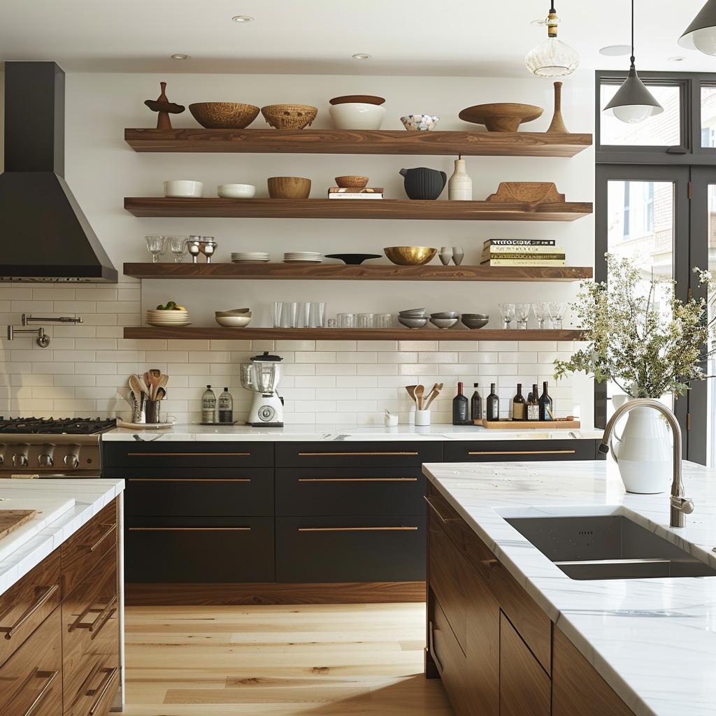 A photo of a kitchen utilizing open shelving or sleek, floating cabinets, demonstrating a modern alternative to bulky overhead cabinets that can make a space feel cluttered.