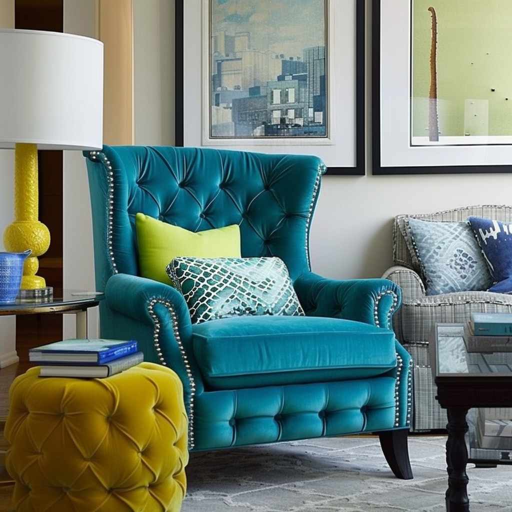 A photo showing a living room with a statement accent chair in a vivid color, serving as the centerpiece and illustrating the impact of a single piece of colorful furniture.