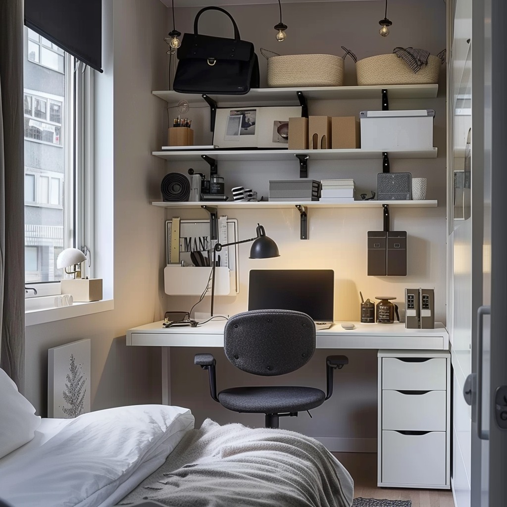 A photo depicting wall-mounted shelves and organizers above a desk, illustrating smart vertical storage solutions in a small bedroom office setup.