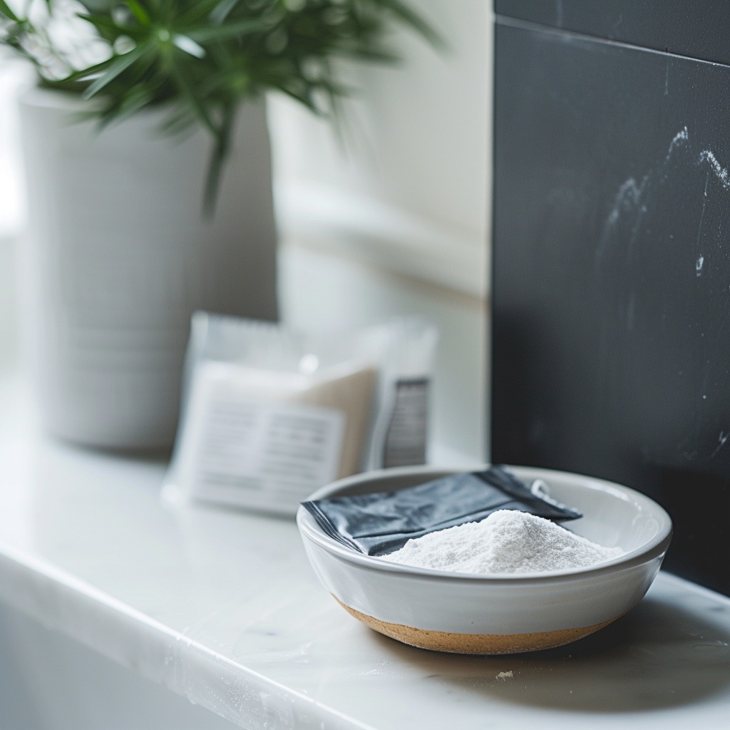 A photo showing a small open container of baking soda and a pouch of activated charcoal in a bathroom setting, illustrating natural solutions for odor absorption.
