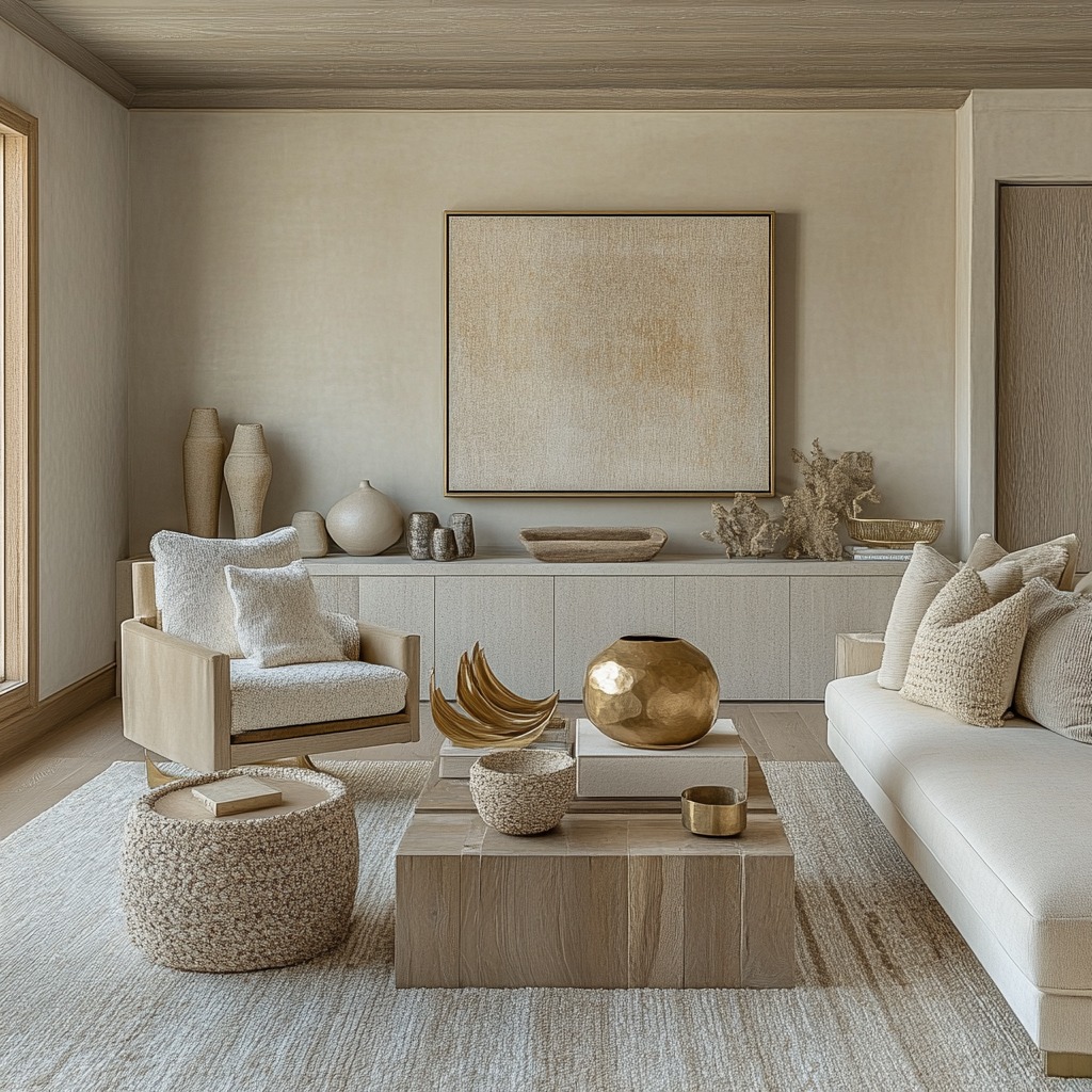 A gold-framed mirror above the fireplace, a few gold vases on a side table, and a minimalist chandelier with metallic details.