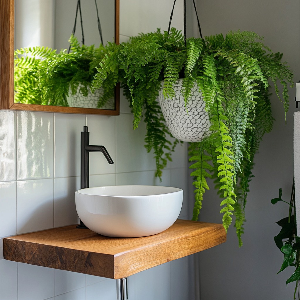 potted fern placed on a floating shelf and a hanging pothos plant. The greenery adds life and freshness to the space.

