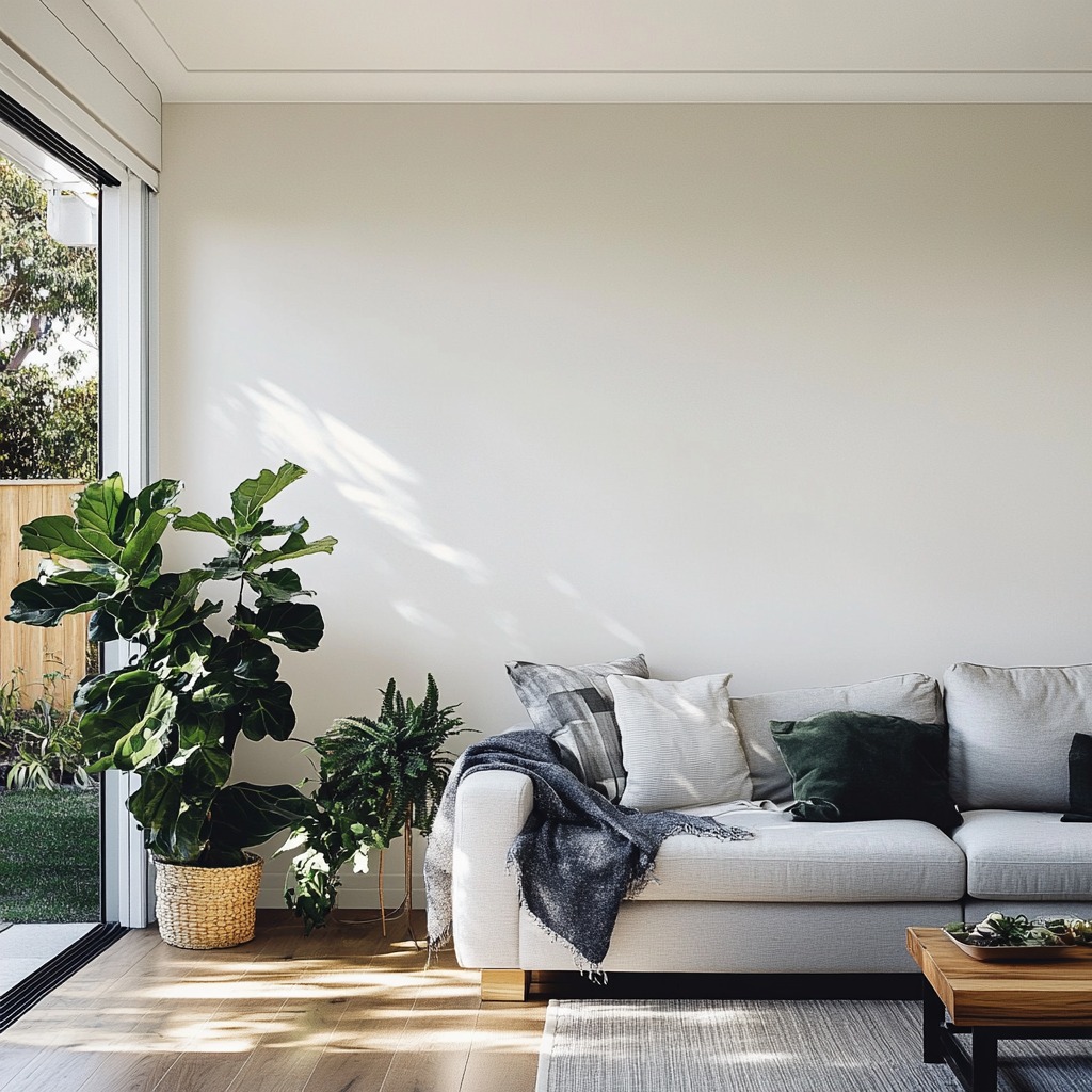 A neutral living room accented with a large green fiddle-leaf fig plant in a corner, next to a grey sofa. Natural light from large windows illuminates the room, and the plant adds a fresh touch to the muted tones.

