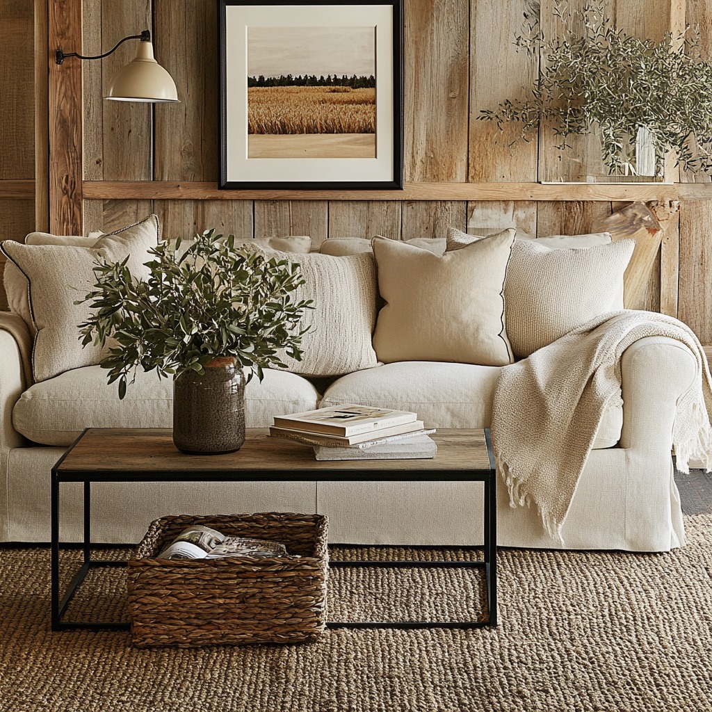 A chunky knit throw, a linen sofa, a woven rug, and a rustic wood coffee table. The room feels warm and inviting, with neutral tones of taupe and cream.

