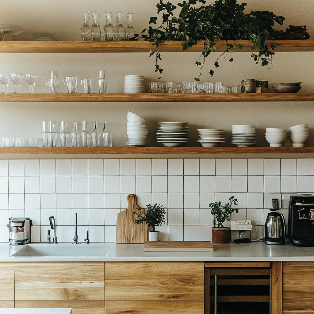 A kitchen with open shelving above the counter. The shelves display neatly arranged plates, glasses, and a few small plants for a decorative touch. The lower half features closed cabinets for storage.