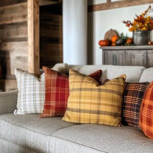 A sofa with autumn-themed throw pillows in plaid, houndstooth, and warm colors like rust, burgundy, and mustard yellow, creating a cozy fall vibe.