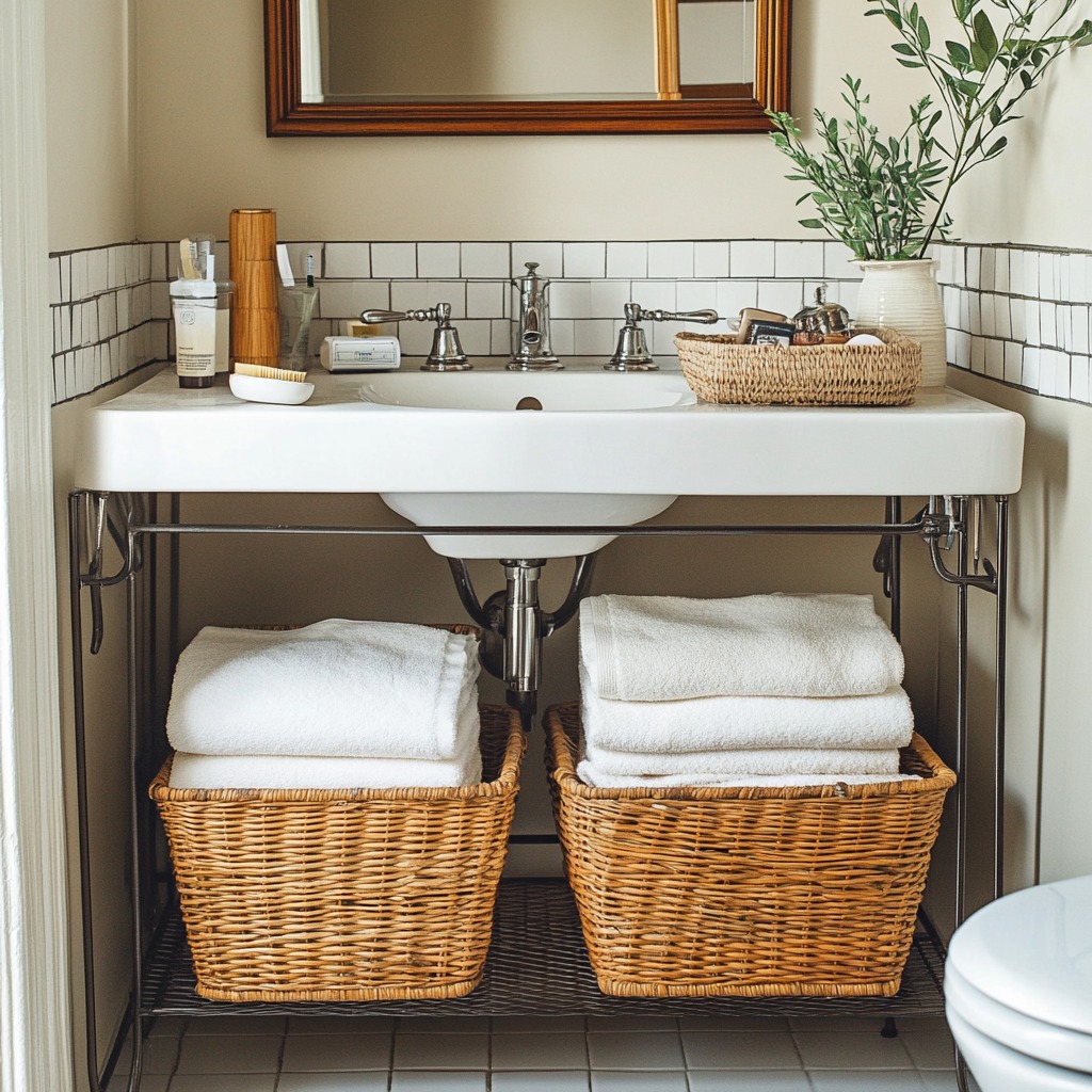 A small with neatly organized wicker and wire baskets under the sink, storing towels and toiletries in a visually appealing way.

