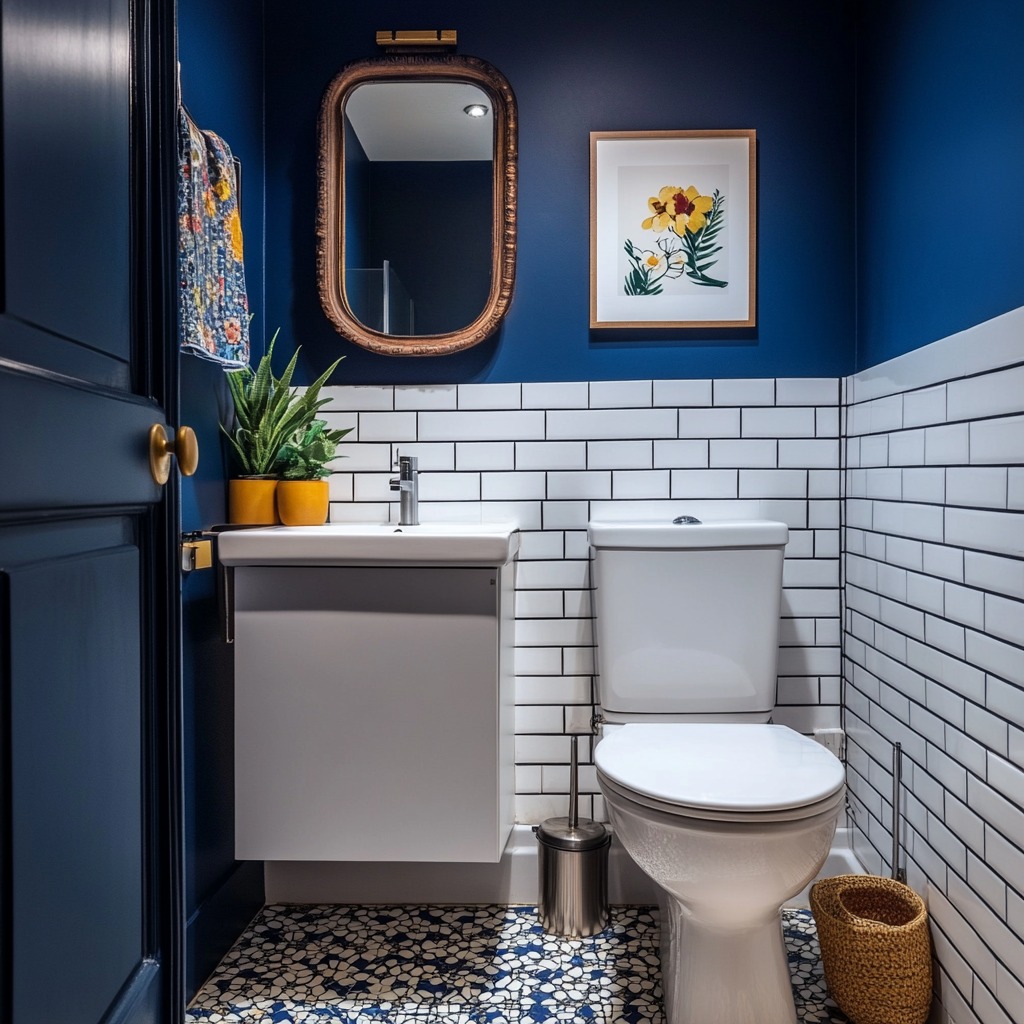 A tiny bathroom with an accent wall painted in a bold color like navy blue, contrasted with white tiles and fixtures. The paint adds a modern pop of color.

