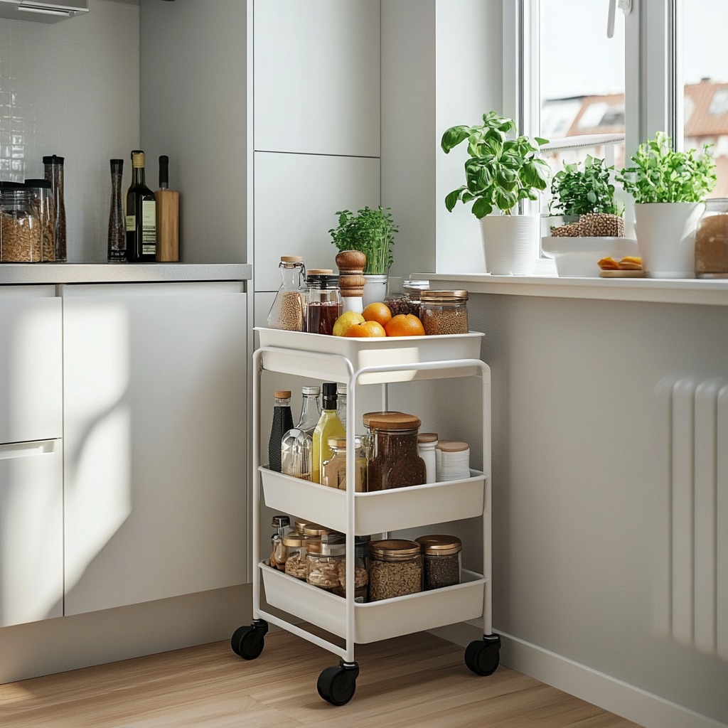 A small rolling cart in a kitchen corner, displaying extra storage of utensils and ingredients. The cart features wheels, allowing for easy mobility.

