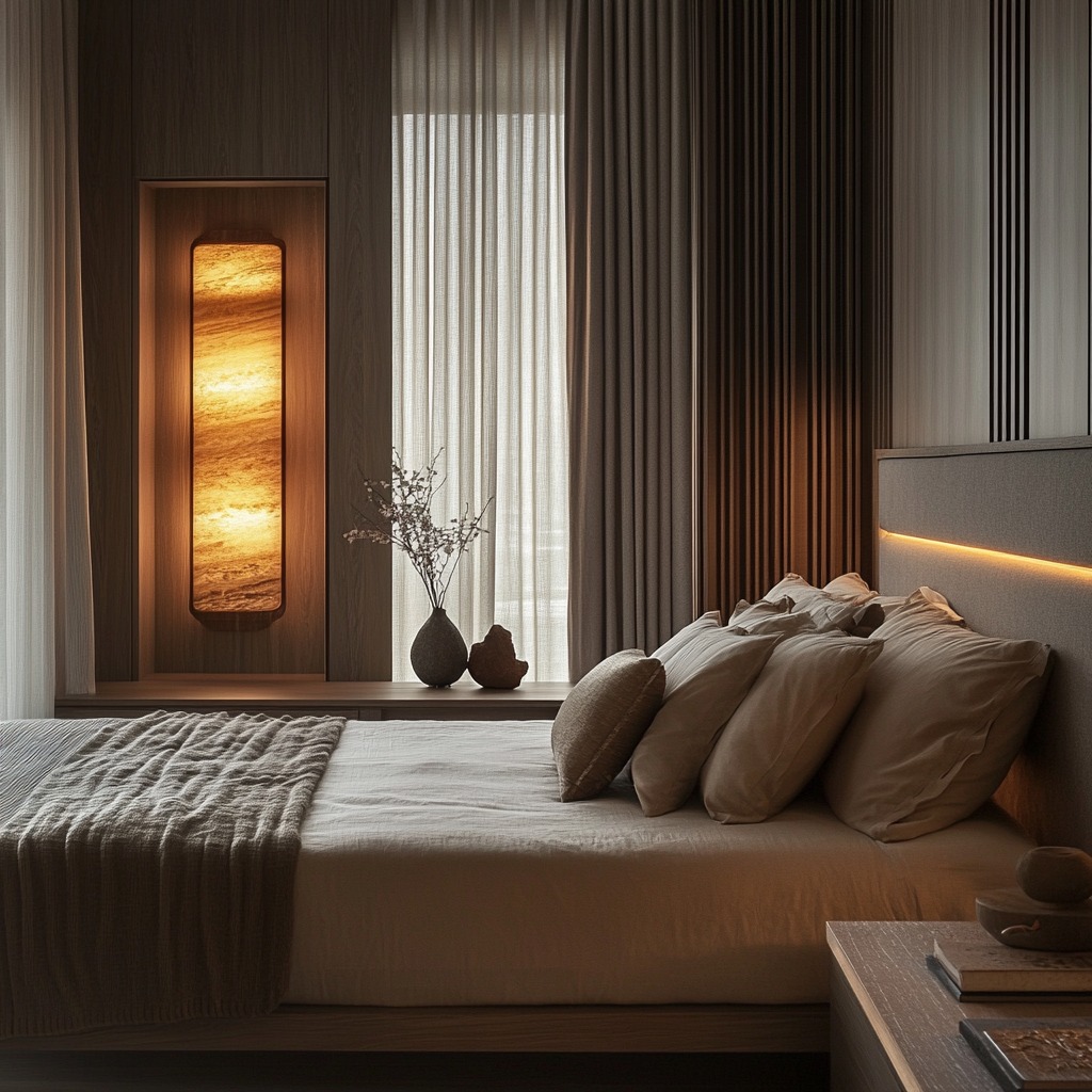 A balanced bedroom featuring the five Feng Shui elements: wooden furniture, soft lighting with warm-hued lamps (fire), a small metal sculpture, stone decorations, and flowing curtains (representing water).

