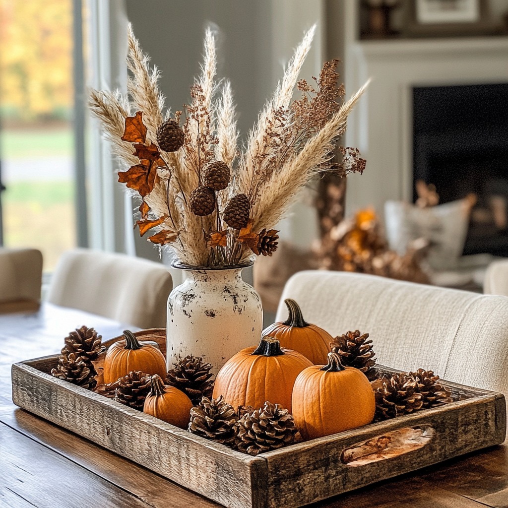 A rustic fall-inspired centerpiece with pinecones, acorns, a vase of pampas grass, and a wooden tray holding small pumpkins and dried leaves.

