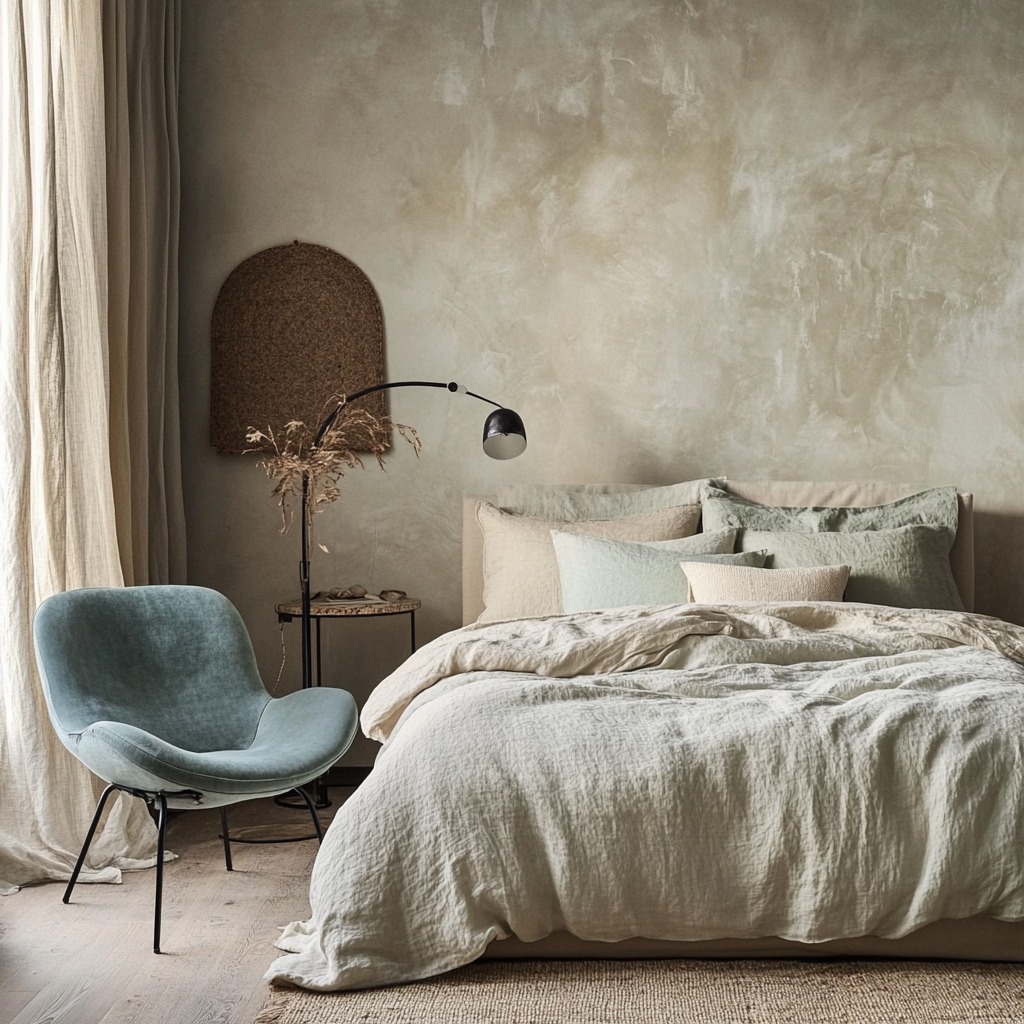 A bedroom painted in soft, earthy tones such as beige and muted greens. The bed has a linen comforter, and there's a small accent chair in a complementary soft blue.