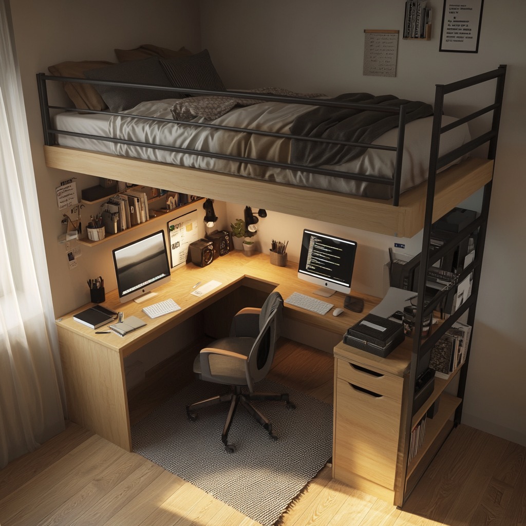 A compact bedroom with a loft bed, featuring a cozy desk and chair setup underneath the bed, maximizing space for both sleep and work.

